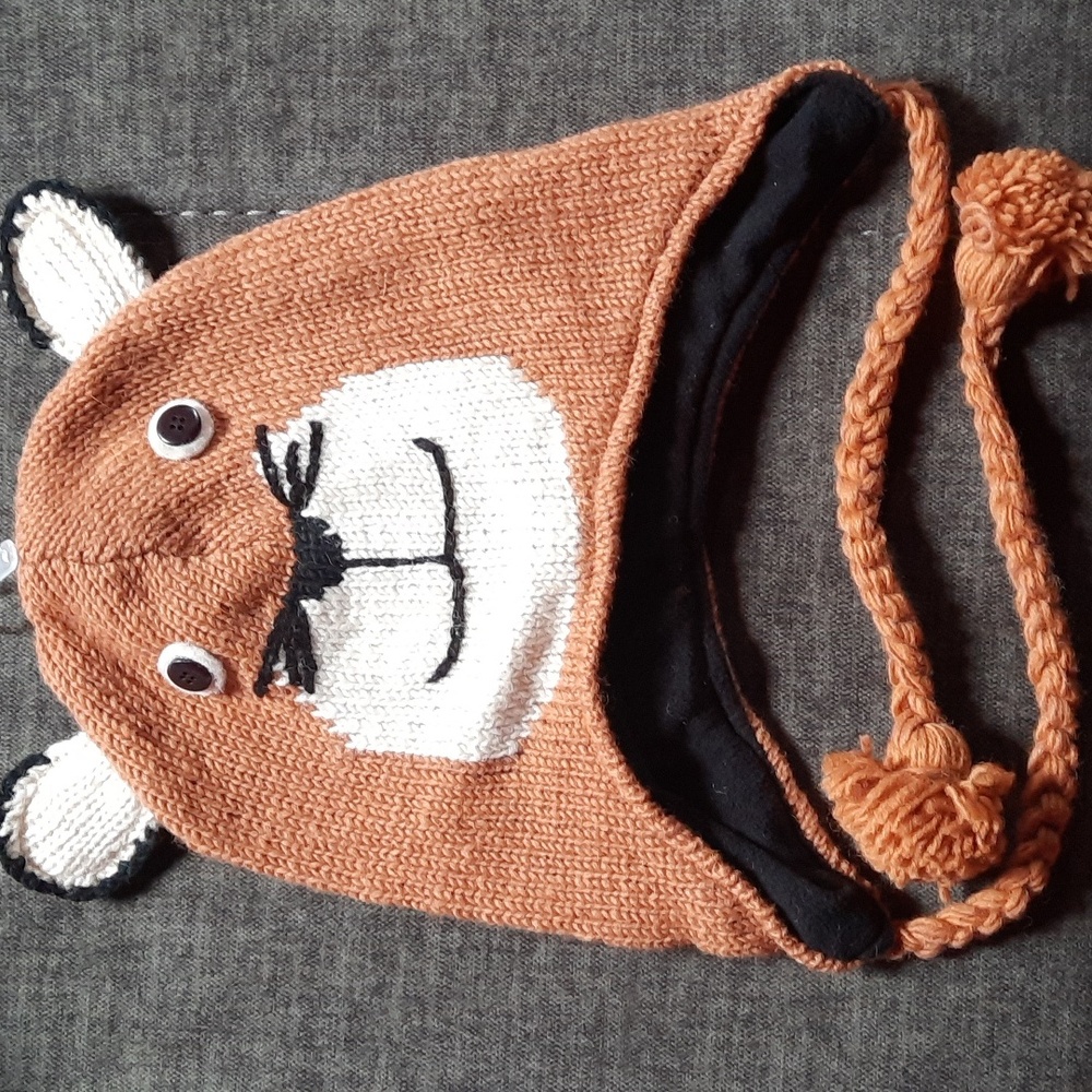 Brown Mouse Wool Knit Hat Ear Flap Braided Ties Youth Teen Tween Headwear…